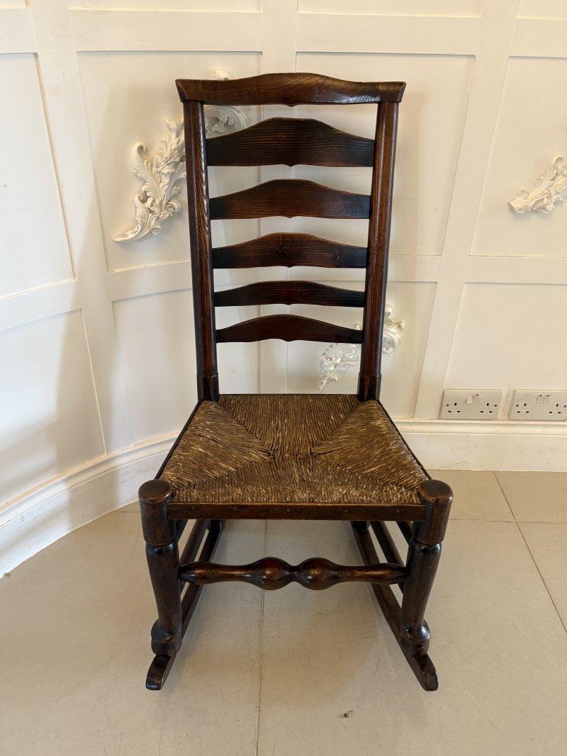 Unusual 18th Century Antique Oak Ladder Back Rocking Chair